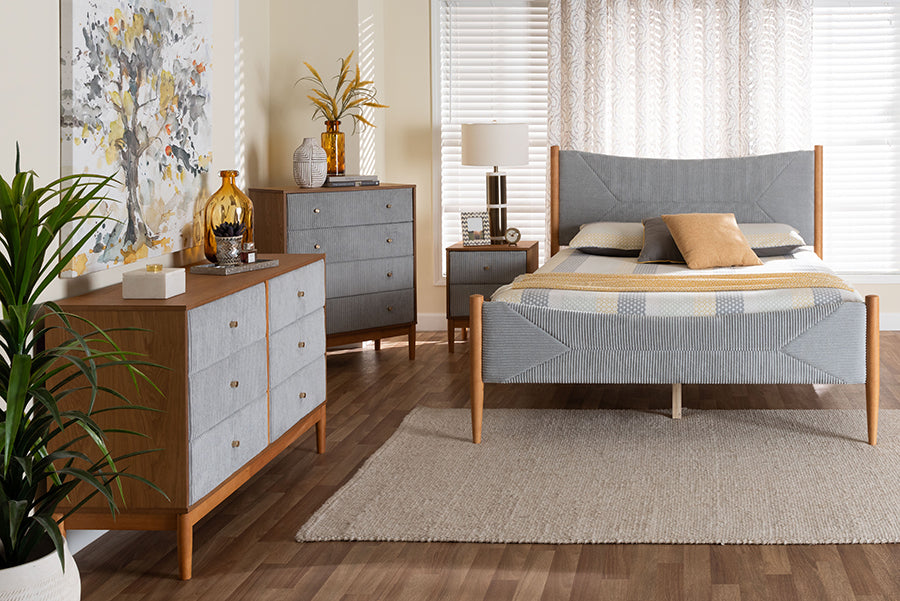 Baxton Studio Taylin Mid-Century Grey Corduroy and Oak Brown Wood Queen 4-Piece Bedroom Set