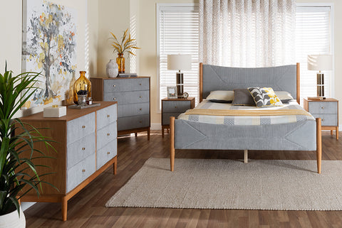 Baxton Studio Taylin Mid-Century Grey Corduroy and Oak Brown Wood Queen 5-Piece Bedroom Set