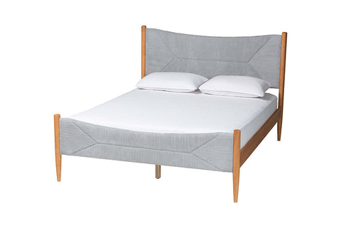 Baxton Studio Taylin Mid-Century Grey Corduroy and Oak Brown Wood Queen Bed