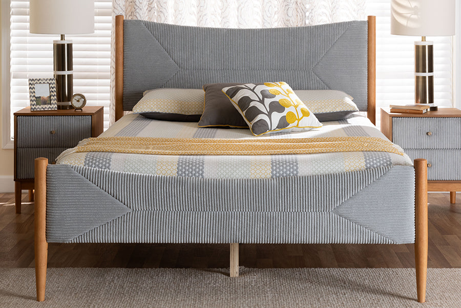 Baxton Studio Taylin Mid-Century Grey Corduroy and Oak Brown Wood Queen Bed