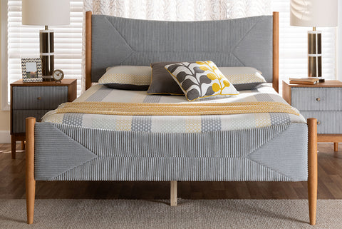 Baxton Studio Taylin Mid-Century Grey Corduroy and Oak Brown Wood Queen Bed