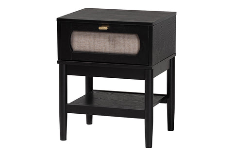 Baxton Studio Shirin Mid-Century Beige Fabric and Black Wood 1-Drawer Nightstand