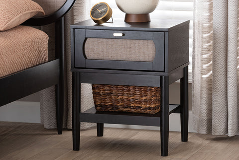 Baxton Studio Shirin Mid-Century Beige Fabric and Black Wood 1-Drawer Nightstand