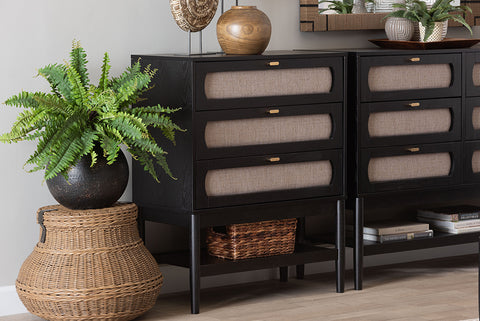 Baxton Studio Shirin Mid-Century Beige Fabric and Black Wood 3-Drawer Chest