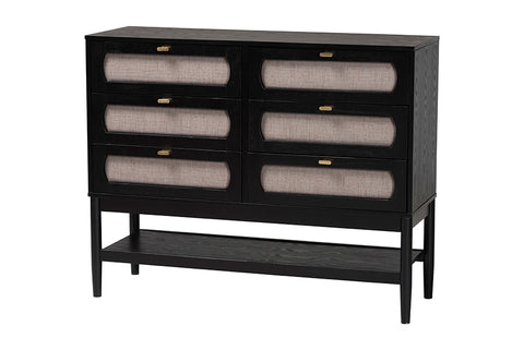 Baxton Studio Shirin Mid-Century Beige Fabric and Black Wood 6-Drawer Dresser