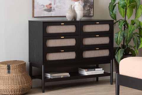 Baxton Studio Shirin Mid-Century Beige Fabric and Black Wood 6-Drawer Dresser