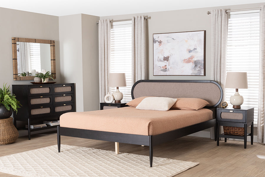 Baxton Studio Shirin Mid-Century Beige Fabric and Black Wood Queen 4-Piece Bedroom Set with Two nightstands