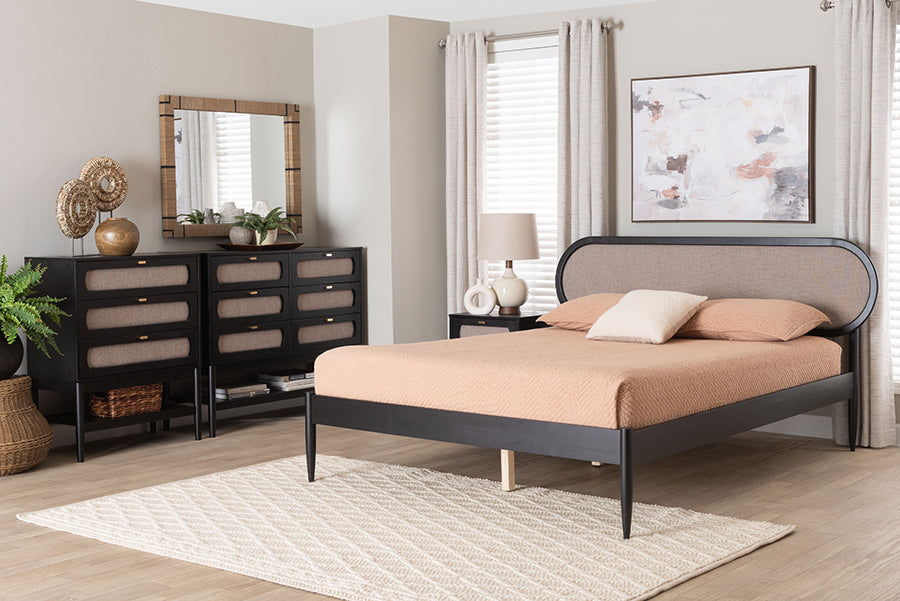 Baxton Studio Shirin Mid-Century Beige Fabric and Black Wood Queen 4-Piece Bedroom Set