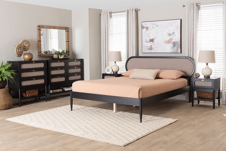 Baxton Studio Shirin Mid-Century Beige Fabric and Black Wood Queen 5-Piece Bedroom Set