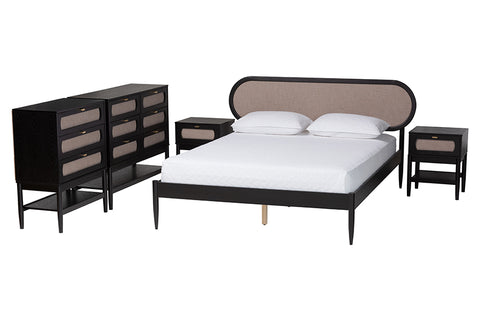 Baxton Studio Shirin Mid-Century Beige Fabric and Black Wood Queen 5-Piece Bedroom Set