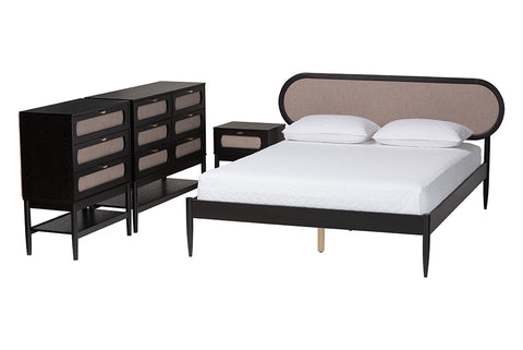 Baxton Studio Shirin Mid-Century Beige Fabric and Black Wood Queen 4-Piece Bedroom Set
