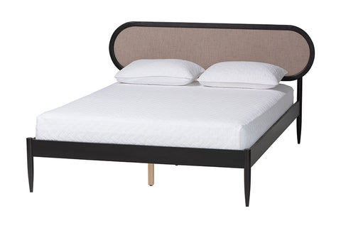 Baxton Studio Shirin Mid-Century Beige Fabric and Black Wood Queen Platform Bed