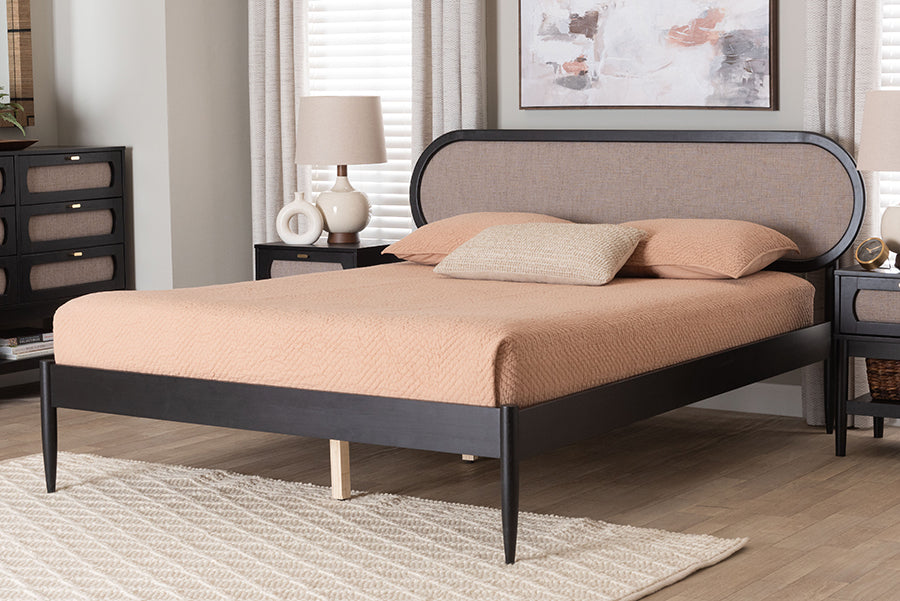 Baxton Studio Shirin Mid-Century Beige Fabric and Black Wood Queen Platform Bed