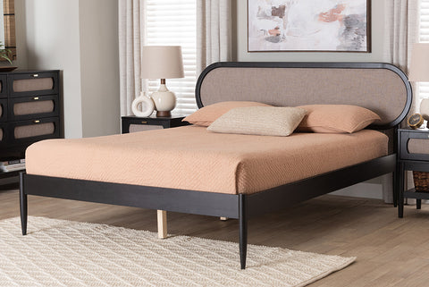 Baxton Studio Shirin Mid-Century Beige Fabric and Black Wood Queen Platform Bed