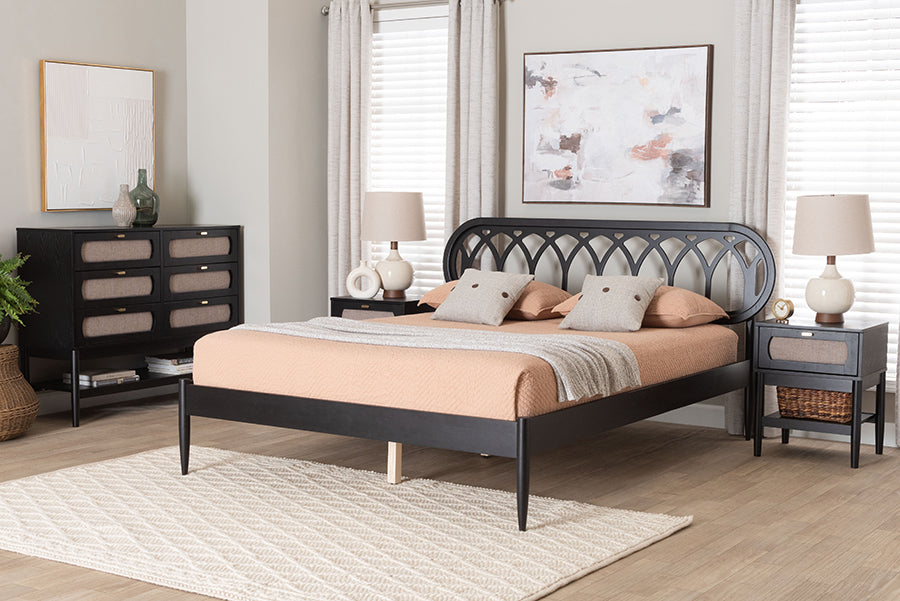 Baxton Studio Florica Art Deco Black Wood Queen 4-Piece Bedroom Set with Two Nightstands