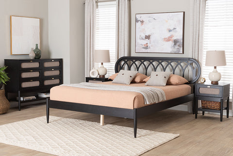Baxton Studio Florica Art Deco Black Wood Queen 4-Piece Bedroom Set with Two Nightstands