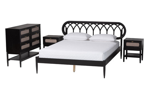 Baxton Studio Florica Art Deco Black Wood Queen 4-Piece Bedroom Set with Two Nightstands