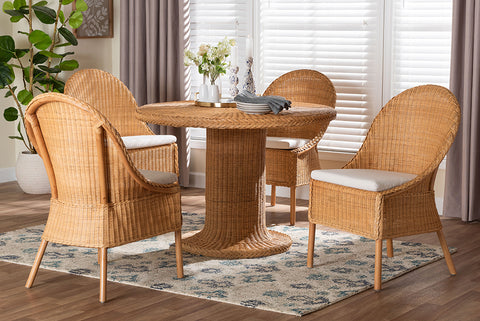 bali & pari Willy 5-Piece Rattan Dining Set - Round Wicker Table with Pedestal Base and 4 Side Chairs, Handwoven Boho Coastal Style for Dining, Kitchen or Sun Room, Light Honey