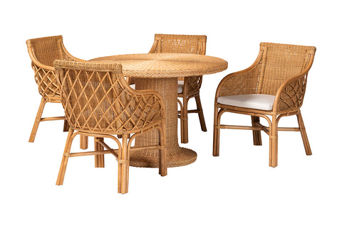 bali & pari Wymond 5-Piece Rattan Dining Set - Round Wicker Table with Pedestal Base and 4 Armchairs, Handwoven Boho Coastal Style for Dining, Kitchen or Sun Room, Light Honey