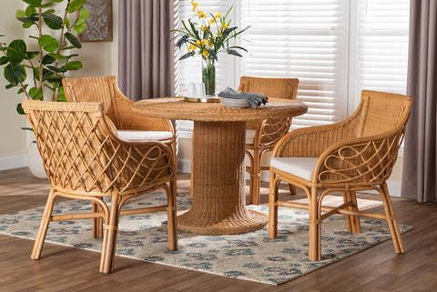 bali & pari Wymond 5-Piece Rattan Dining Set - Round Wicker Table with Pedestal Base and 4 Armchairs, Handwoven Boho Coastal Style for Dining, Kitchen or Sun Room, Light Honey