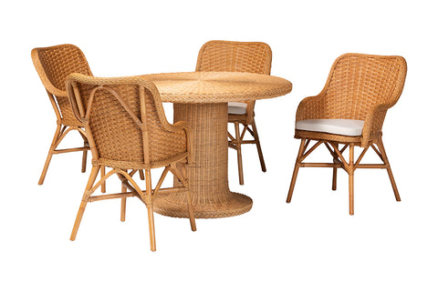 bali & pari Wistan 5-Piece Rattan Dining Set - Round Wicker Table with Pedestal Base and 4 Armchairs, Handwoven Boho Coastal Style for Dining, Kitchen or Sun Room, Light Honey