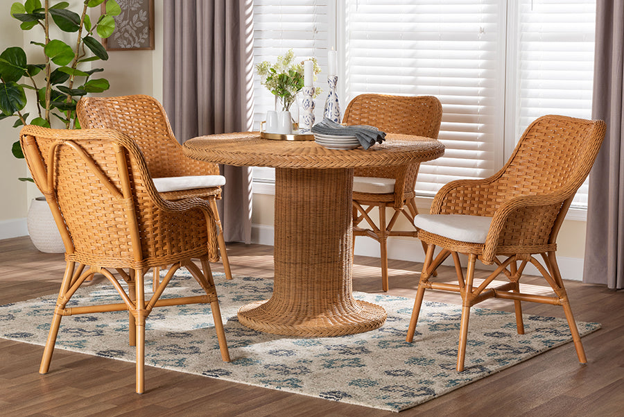 bali & pari Wistan 5-Piece Rattan Dining Set - Round Wicker Table with Pedestal Base and 4 Armchairs, Handwoven Boho Coastal Style for Dining, Kitchen or Sun Room, Light Honey