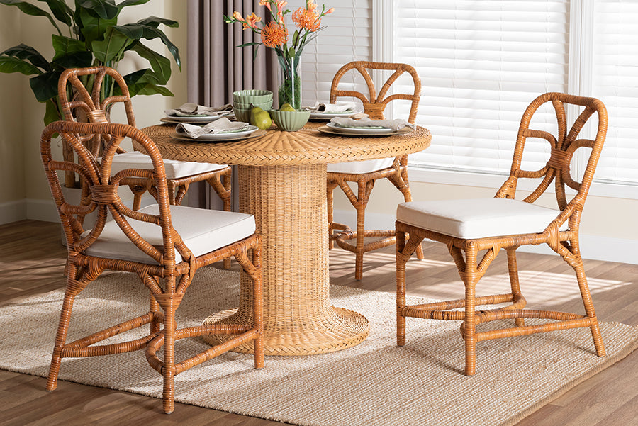 bali & pari Wilmer 5-Piece Rattan Dining Set - Round Wicker Table with Pedestal Base and 4 Side Chairs, Handwoven Boho Coastal Style for Dining, Kitchen or Sun Room, Light Honey