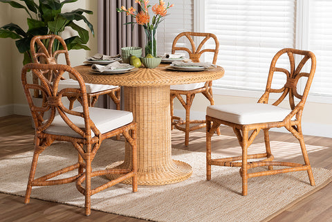 bali & pari Wilmer 5-Piece Rattan Dining Set - Round Wicker Table with Pedestal Base and 4 Side Chairs, Handwoven Boho Coastal Style for Dining, Kitchen or Sun Room, Light Honey