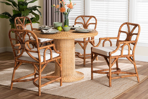 bali & pari Wade 5-Piece Rattan Dining Set - Round Wicker Table with Pedestal Base and 4 Armchairs, Handwoven Boho Coastal Style for Dining, Kitchen or Sun Room, Light Honey