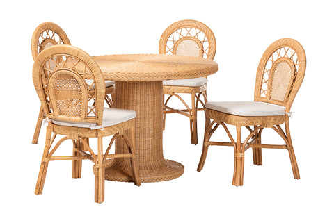 bali & pari Walker 5-Piece Natural Rattan Dining Set - Handwoven Wicker Set with Round Pedestal Table and 4 Curved Back Chairs, Coastal Boho Dining Room Furniture with Cushioned Seating