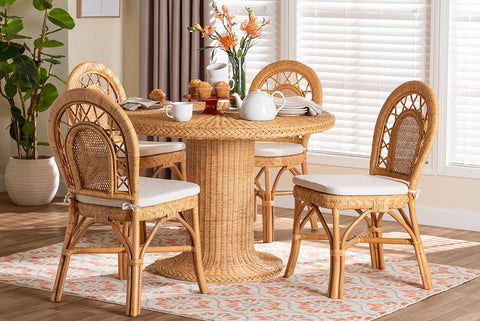 bali & pari Walker 5-Piece Natural Rattan Dining Set - Handwoven Wicker Set with Round Pedestal Table and 4 Curved Back Chairs, Coastal Boho Dining Room Furniture with Cushioned Seating