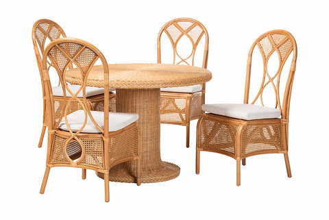 bali & pari Wallis 5-Piece Natural Rattan Dining Set with Round Pedestal Table and 4 Chairs, Handwoven Wicker Dining Furniture with Cushioned Seats, Boho Coastal Kitchen or Dining Room Set