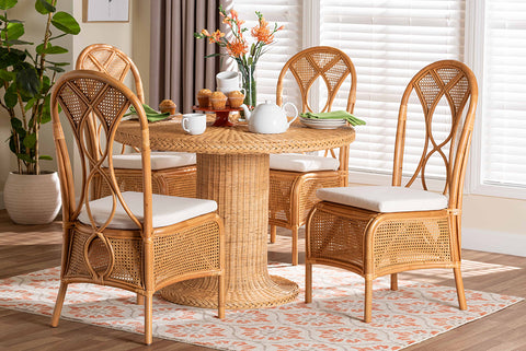 bali & pari Wallis 5-Piece Natural Rattan Dining Set with Round Pedestal Table and 4 Chairs, Handwoven Wicker Dining Furniture with Cushioned Seats, Boho Coastal Kitchen or Dining Room Set