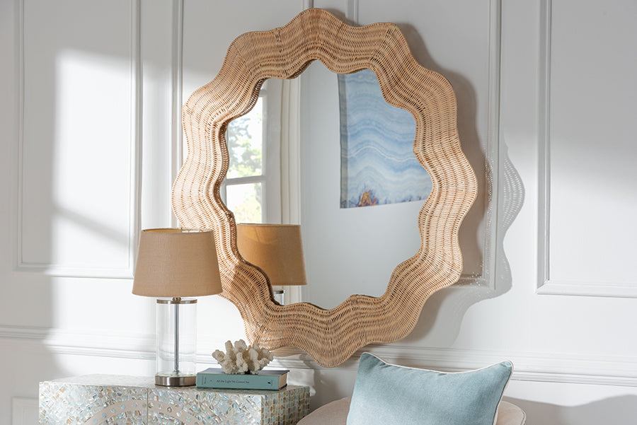 bali & pari Hasana Coastal Scalloped Natural Rattan Round Accent Wall Mirror