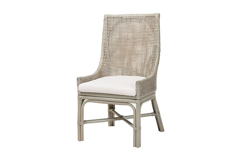 bali & pari Bella Rattan Dining Chair with Cushion - Handwoven Wicker Accent Side Chair with High Backrest, Coastal Boho Seating for Kitchen or Dining Area, French Grey