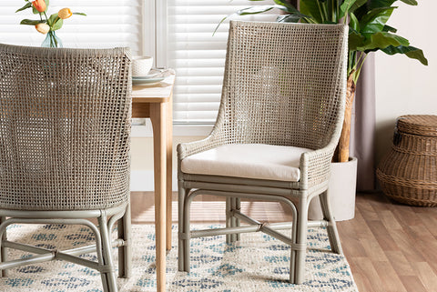 bali & pari Bella Rattan Dining Chair with Cushion - Handwoven Wicker Accent Side Chair with High Backrest, Coastal Boho Seating for Kitchen or Dining Area, French Grey