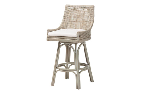 bali & pari Bella Swivel Rattan Bar Stool with Cushion - Handwoven Wicker Bar Chair with Backrest and Footrest, French Grey