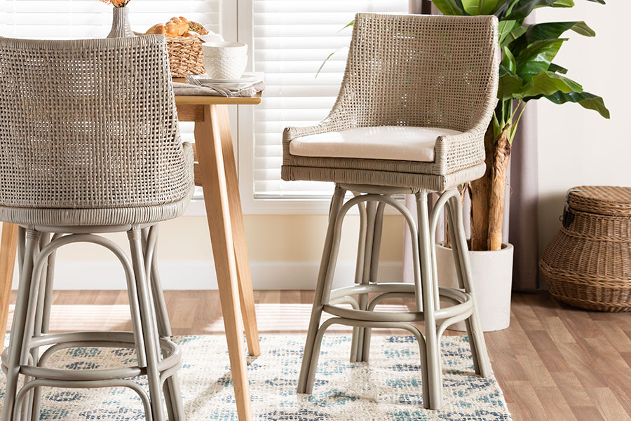 bali & pari Bella Swivel Rattan Bar Stool with Cushion - Handwoven Wicker Bar Chair with Backrest and Footrest, French Grey