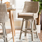 bali & pari Bella Swivel Rattan Bar Stool with Cushion - Handwoven Wicker Bar Chair with Backrest and Footrest, French Grey