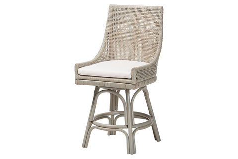 bali & pari Bella Swivel Rattan Counter Stool with Cushion - Handwoven Wicker Kitchen Island Seating with Backrest and Footrest, French Grey