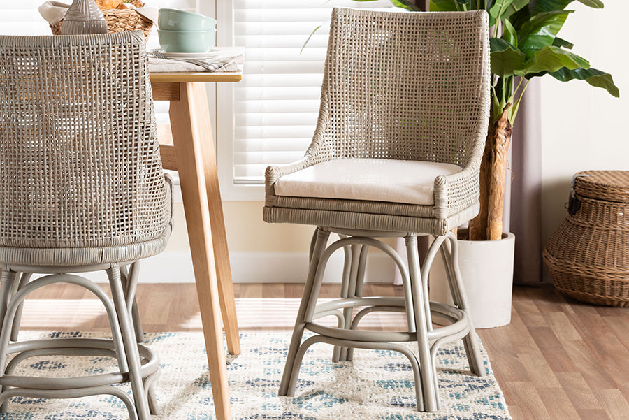 bali & pari Bella Swivel Rattan Counter Stool with Cushion - Handwoven Wicker Kitchen Island Seating with Backrest and Footrest, French Grey