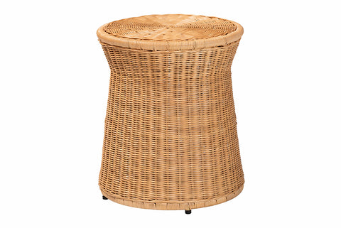 bali & pari Caroline Round Natural Rattan End Table - Handwoven Wicker Drum Shape Accent Table for Living Room or Sunroom, Light Honey