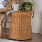 bali & pari Caroline Round Natural Rattan End Table - Handwoven Wicker Drum Shape Accent Table for Living Room or Sunroom, Light Honey
