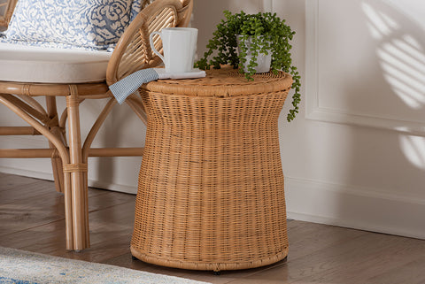 bali & pari Caroline Round Natural Rattan End Table - Handwoven Wicker Drum Shape Accent Table for Living Room or Sunroom, Light Honey