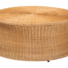 bali & pari Caroline Round Natural Rattan Coffee Table - Handwoven Wicker Drum Shape Accent Table for Living Room or Sunroom, Light Honey