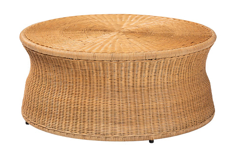 bali & pari Caroline Round Natural Rattan Coffee Table - Handwoven Wicker Drum Shape Accent Table for Living Room or Sunroom, Light Honey
