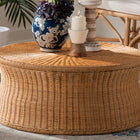 bali & pari Caroline Round Natural Rattan Coffee Table - Handwoven Wicker Drum Shape Accent Table for Living Room or Sunroom, Light Honey