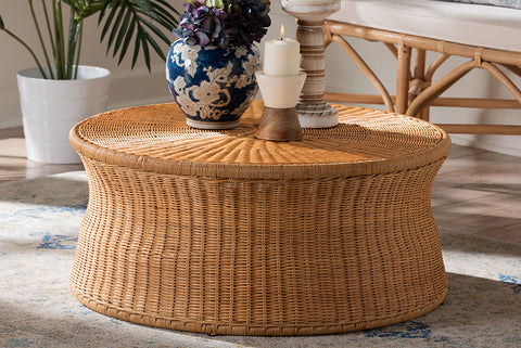 bali & pari Caroline Round Natural Rattan Coffee Table - Handwoven Wicker Drum Shape Accent Table for Living Room or Sunroom, Light Honey