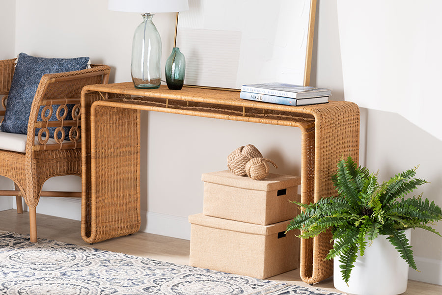 bali & pari Nevada Bohemian Light Honey Rattan Console Table
