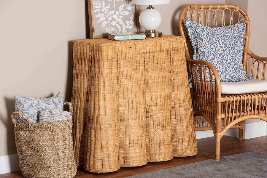 bali & pari Palm Scallop Natural Rattan Console Table - Handwoven Wicker Accent Table for Hallway or Entryway, Coastal & Boho Décor, Rectangle 36"